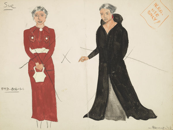 Case of Philip Lawrence Sue red suit dress and black floor length coat 1934 1943