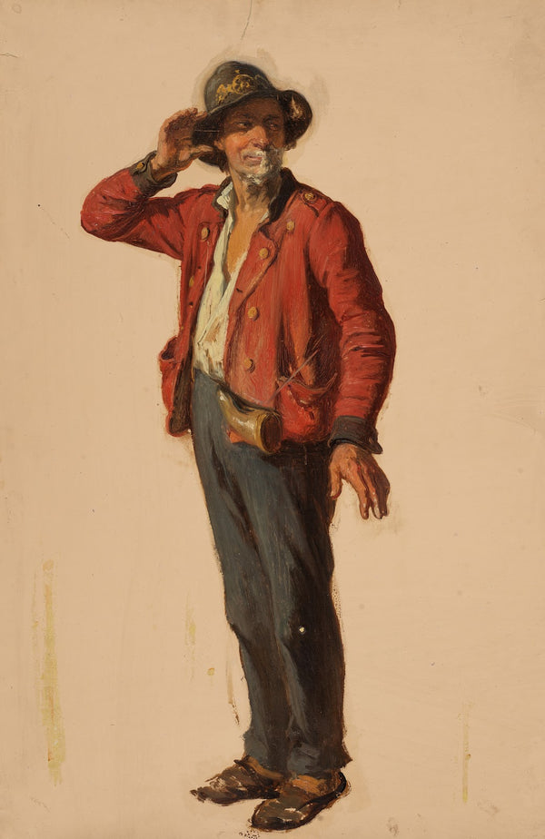 Nach rechts stehender Mann mit Hut und roter Jacke 1832 1836