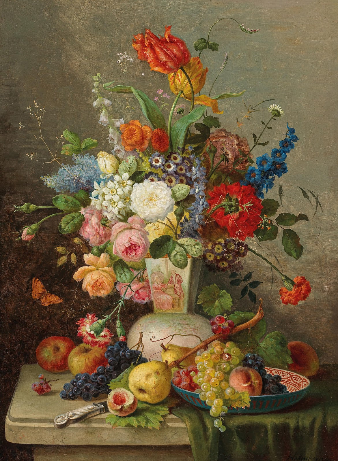 Großes Blumenstück mit Obst auf Steinplatte
