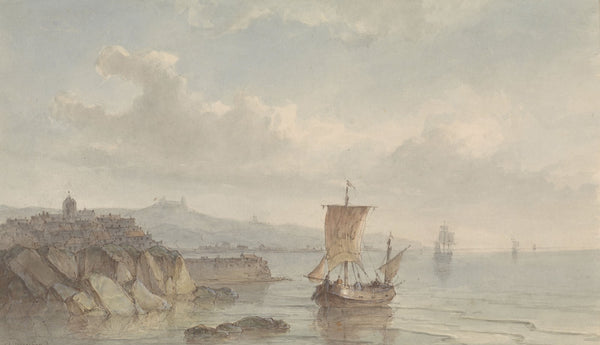 Kustlandschap met haven en schepen op het water 1809 1874