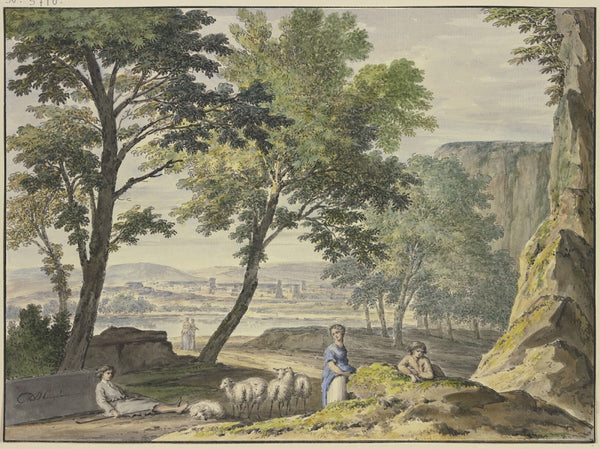 Stilvolle Landschaft mit Schafhirten in der Ferne eine Stadt