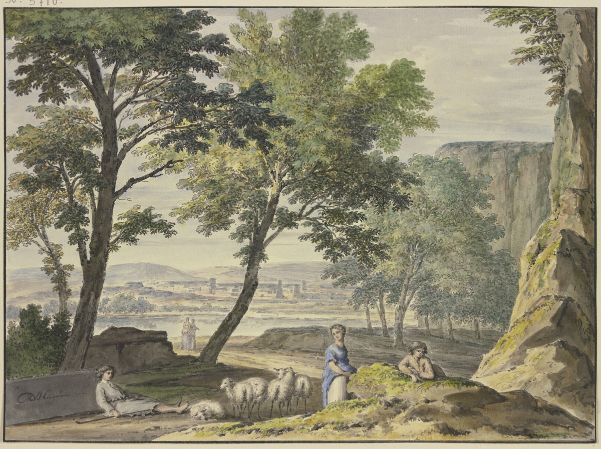 Stilvolle Landschaft mit Schafhirten in der Ferne eine Stadt