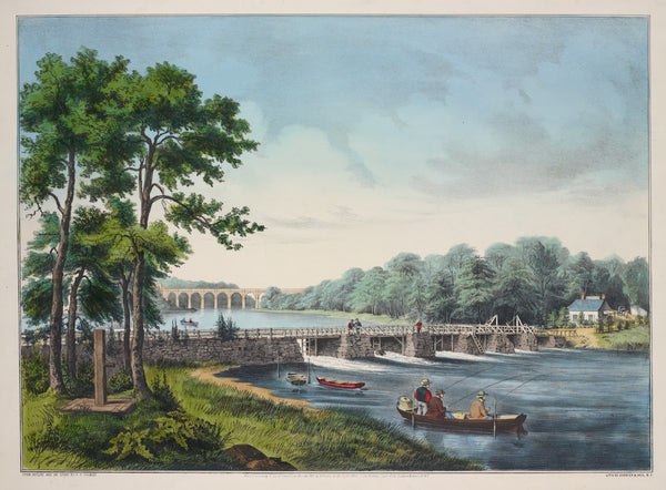 View on the Harlem River NY The High Bridge in the distance 1852