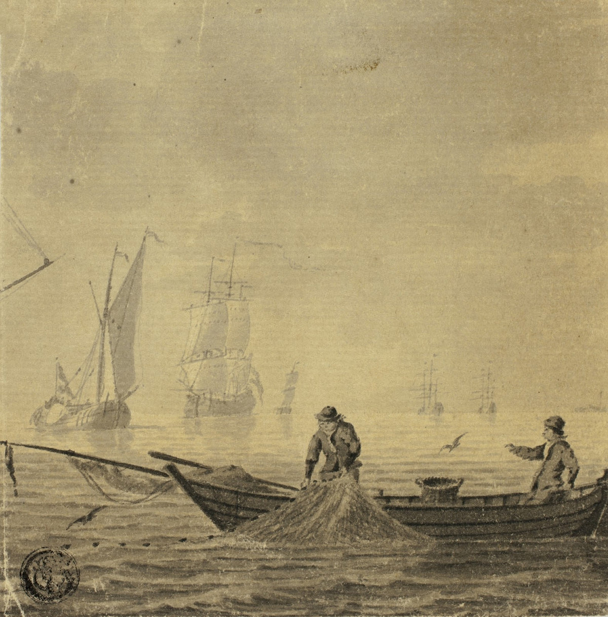 Fishermen Pulling in Net on a Boat
