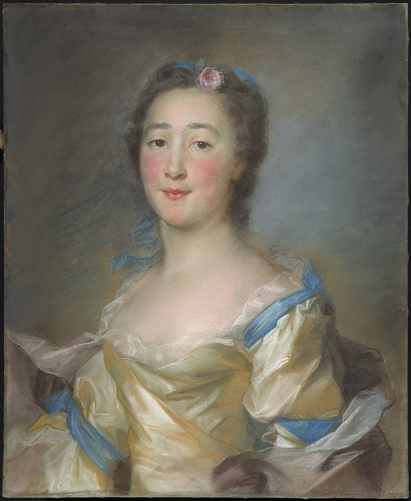 A Young Lady in a Yellow Gown with Blue Ribbons c 1767