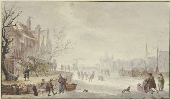 Winterlandschaft auf dem Fluß Schlittschuhläufer links am Quai ein Wagen