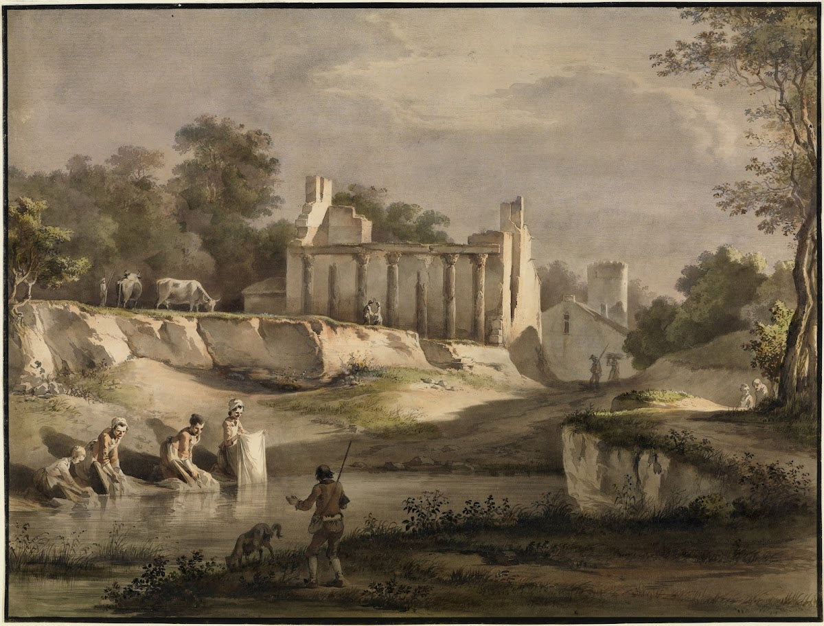 Wäscherinnen an einem Flüsschen dahinter Hausruine mit antiken Säulen 1790