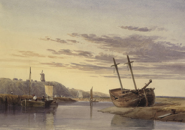 Fishing boats in Rye Harbour with a windmill in the distance 1850 1855