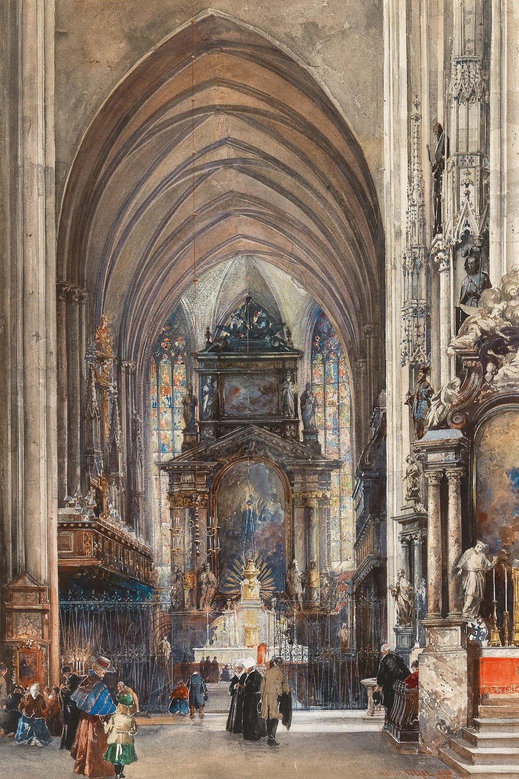 The interior of Saint Stephen with the high altar and figural staffage 1898