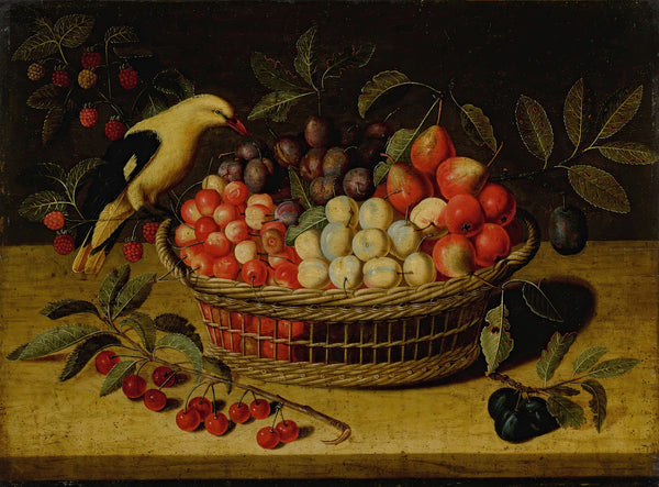 Still life with cherries plums raspberries and other fruits in a basket with a y