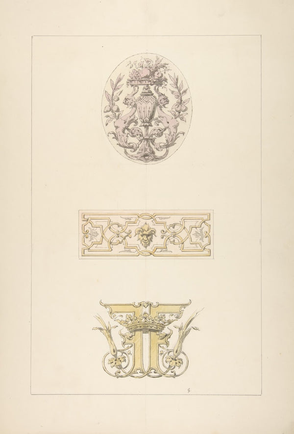 Two designs for decorative panels and one design for an ornamental monogram with