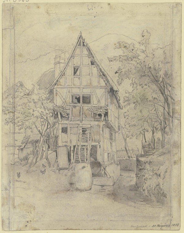 Bauernhaus unter Bäumen davor einige Fässer und Hühner 1838