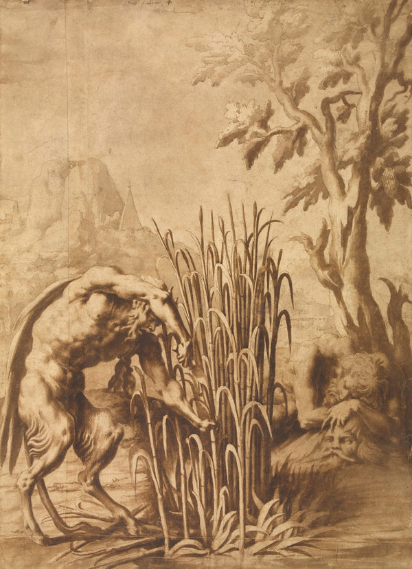 Pan cuts the reed into which the nymph Syrinx has turned mid 16th century