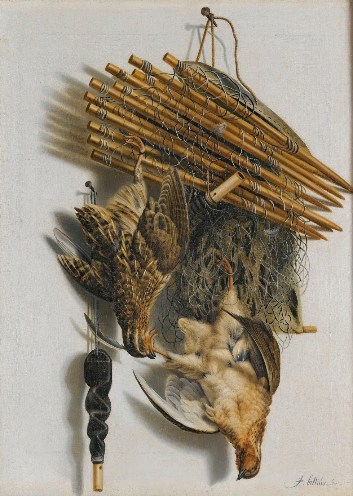 A Trompe Loeil Still Life With Two Quails A Bird Net And A Whistle