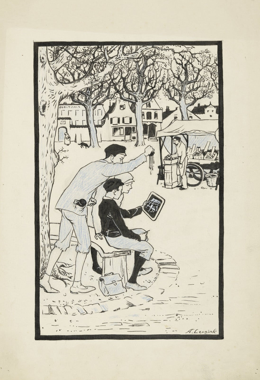 Jongen knijpt een spons uit boven een lei 1926