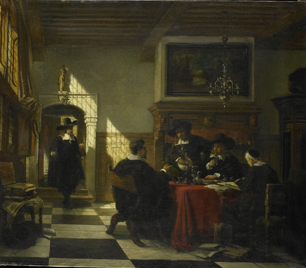 Gezelschap in 17e eeuwse dracht bij een tafel waarop een Nautilusbeker 1873