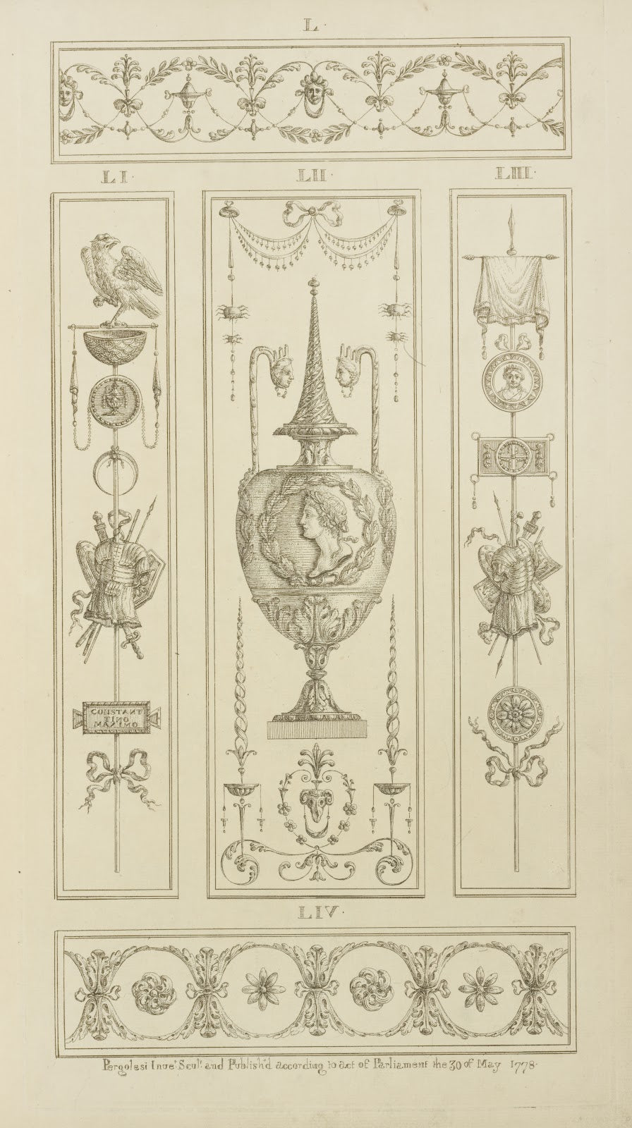 Central design of urn with garland and mans bust and two long handles with faces