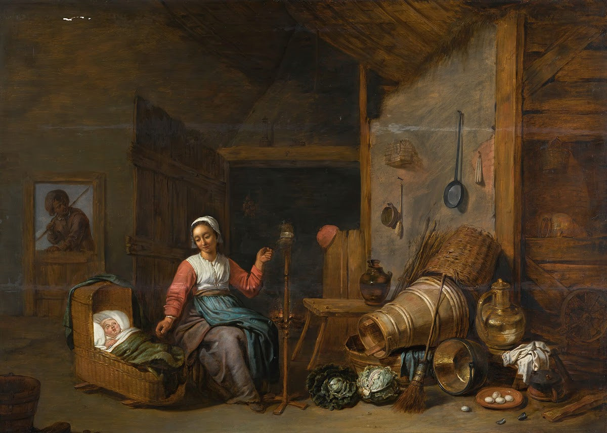Interior with a mother spinning yarn by a cradle
