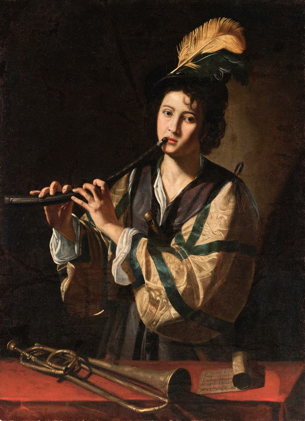 A young man playing a cornet