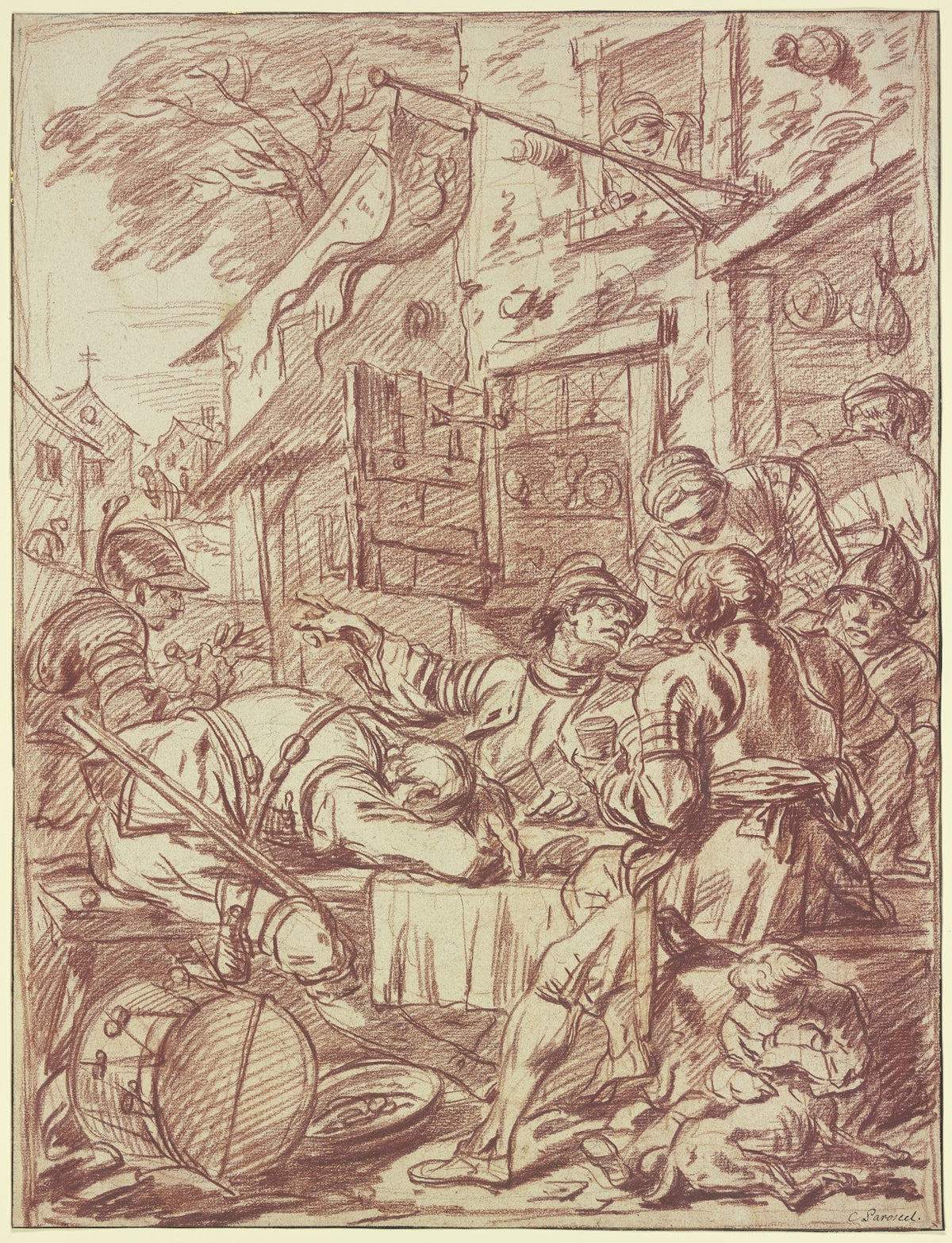 Zechende Soldaten vor einem Wirtshaus ca 1728