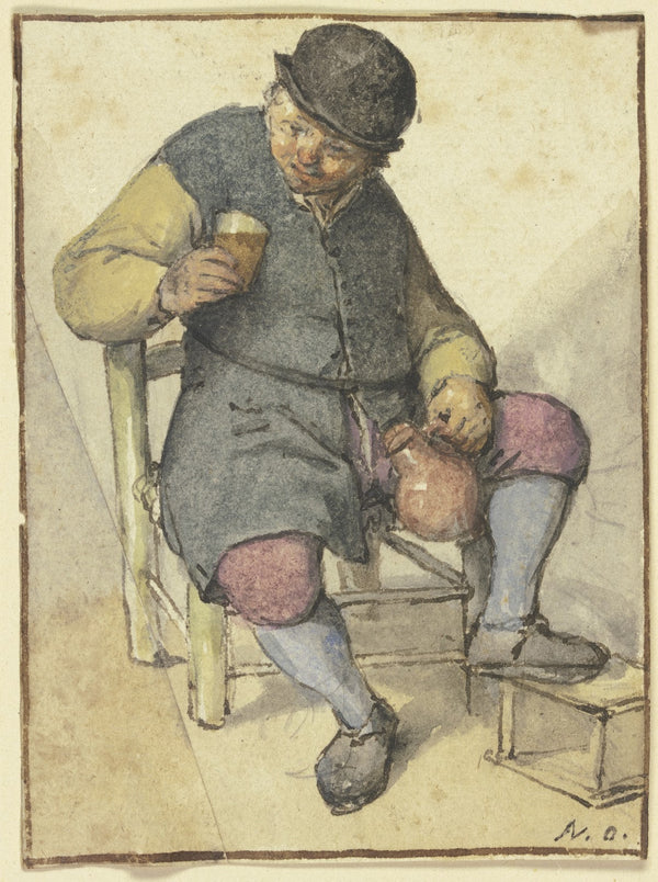 Sitzender Bauer von vorn mit Krug und Glas