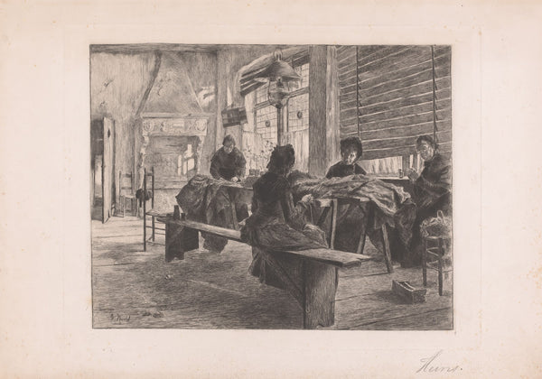 Vier vrouwen in een naaiatelier aan het werk 1866 1910