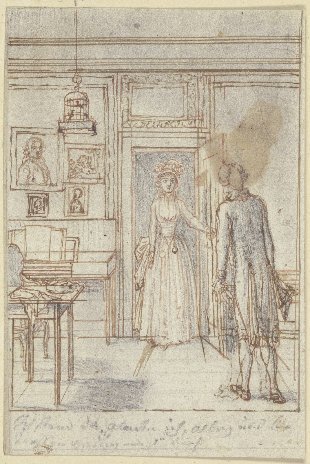 Ein Zimmer in dem links ein Arbeitstisch und ein Spinett stehen ca 1795