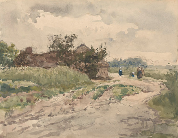 Landweg met enkele figuren leidend naar een boerderij 1845 1925