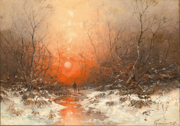 A Forest Path with Hunter at Sunset