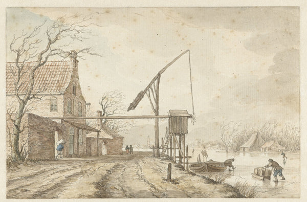 Winterlandschap met huizen en hefboom langs bevroren vaart 1771