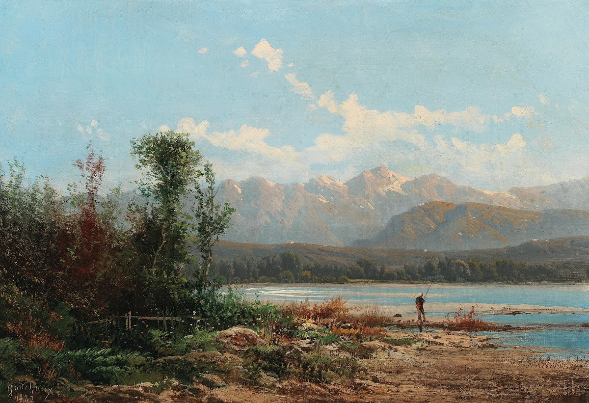 A Mountainous Lake Landscape with Fisherman 1882