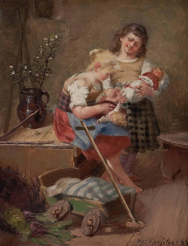 Zwei Mädchen mit Puppen 1894