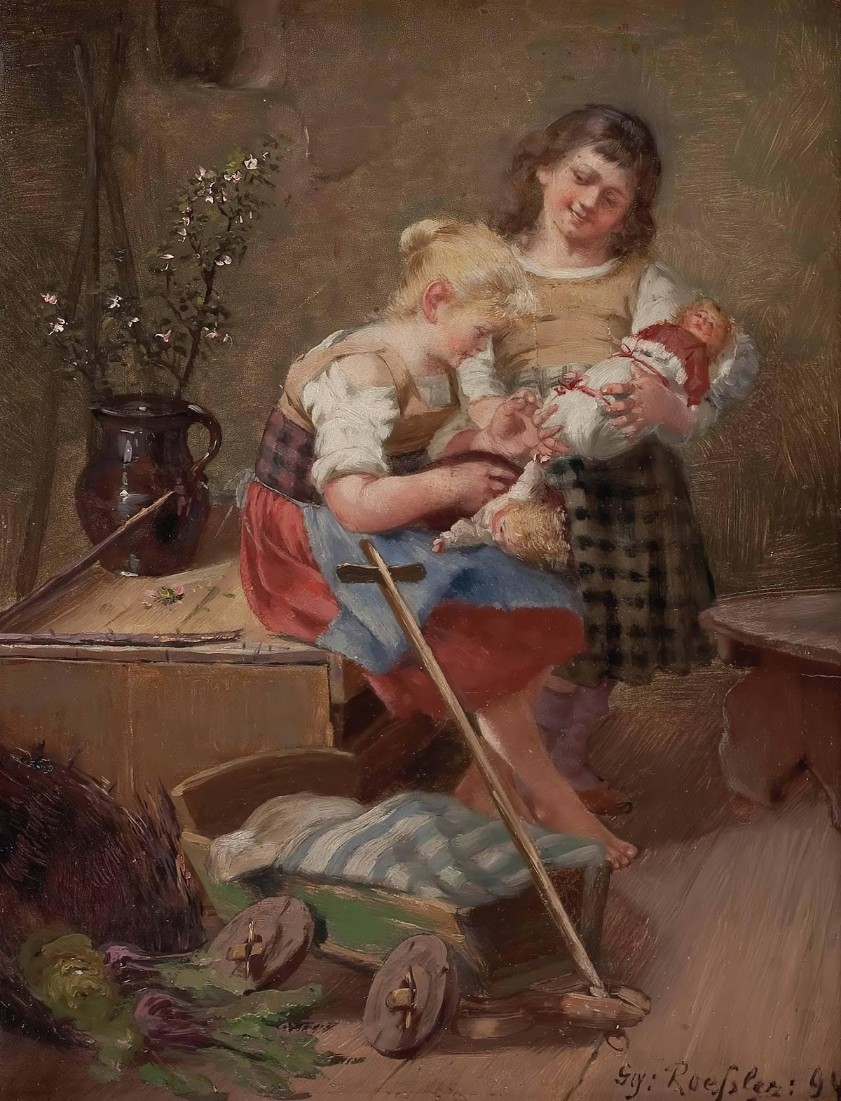 Zwei Mädchen mit Puppen 1894