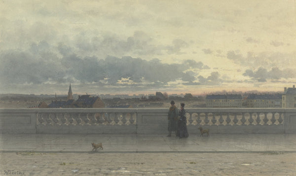 Gezicht vanaf een terras over Brussel in avondschemering 1885