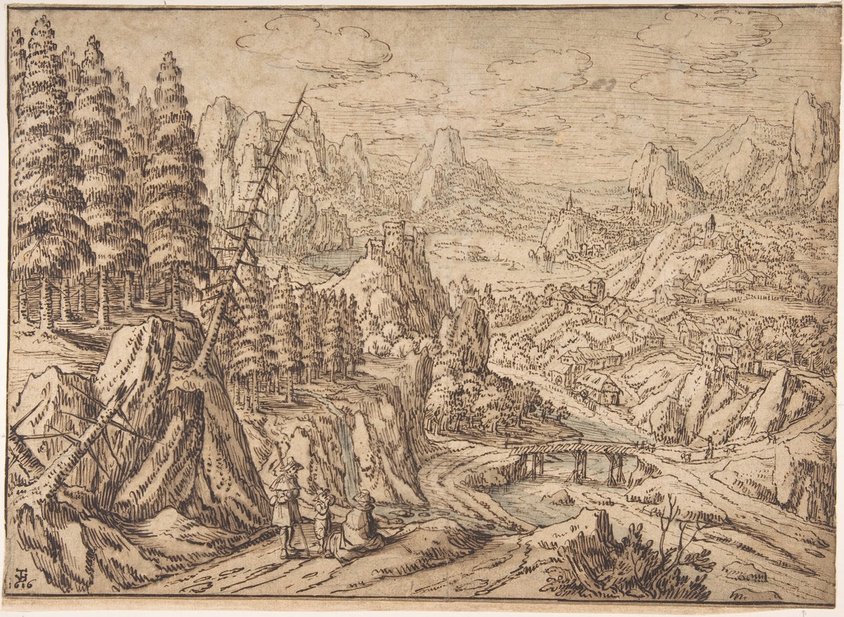 Mountainous Landscape with Travelers on a Road 1616