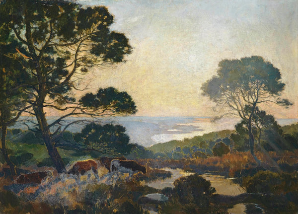Cattle grazing above a bay at dusk