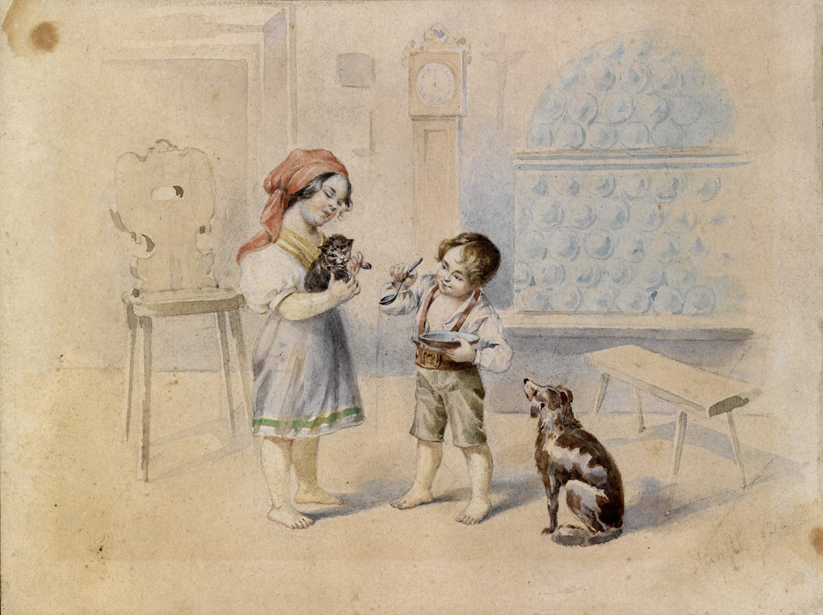 Bauernstube mit Kachelofen und Kindern 1838