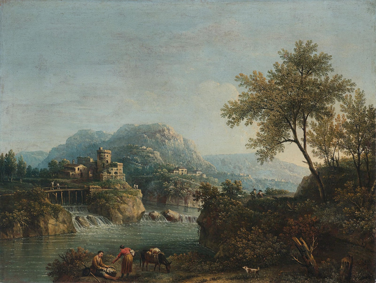 Paesaggio fluviale con figure e un asino