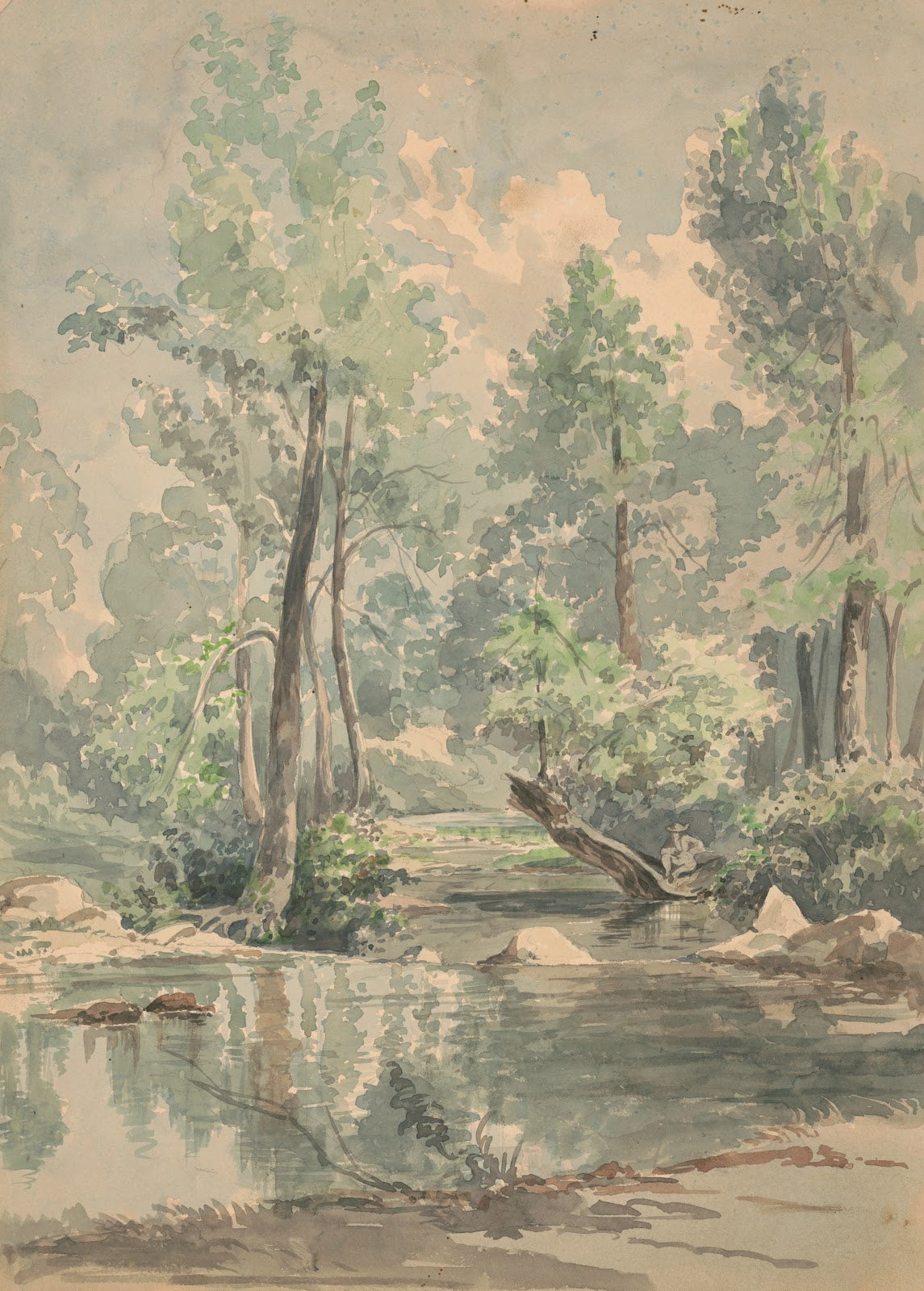 A man sitting on a fallen tree at the edge of a shaded stream 1850 1870