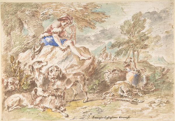 Young Hunter with His Dogs in a Landscape 16411710
