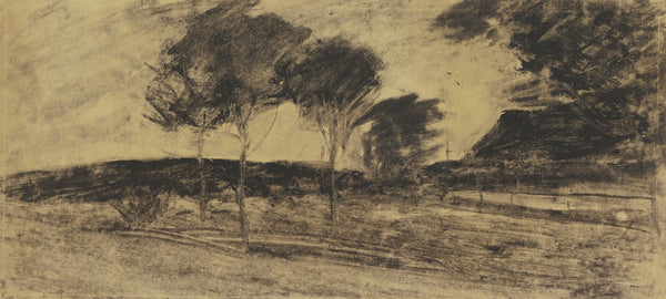 Landschaft links kleiner Hügel davor drei Bäume rechts Haus