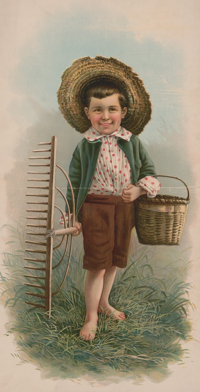 Little boy with straw hat basket and rake 1896