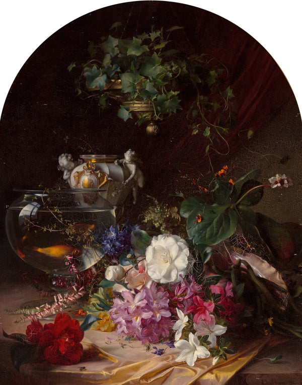 Still life with flowers a porcelain vase and a goldfish bowl 1849