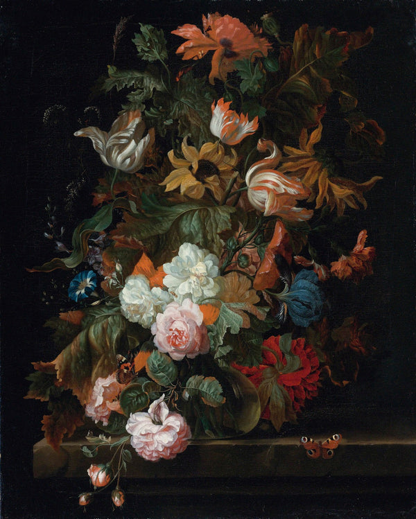 Still Life Of Flowers In A Glass Vase With A Butterfly All On A Ledge