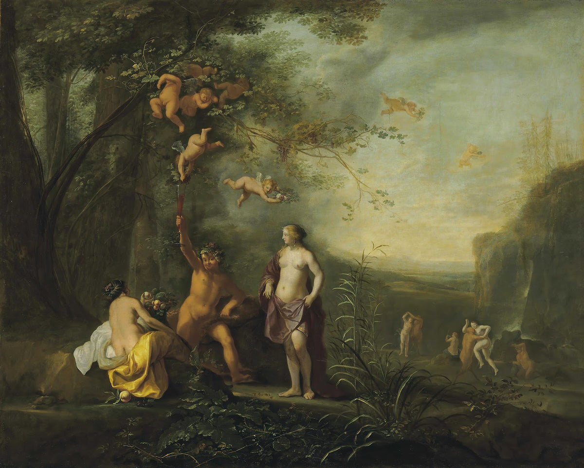 Bacchus Venus and Ceres under a grapevine in a pastoral landscape with putti nym