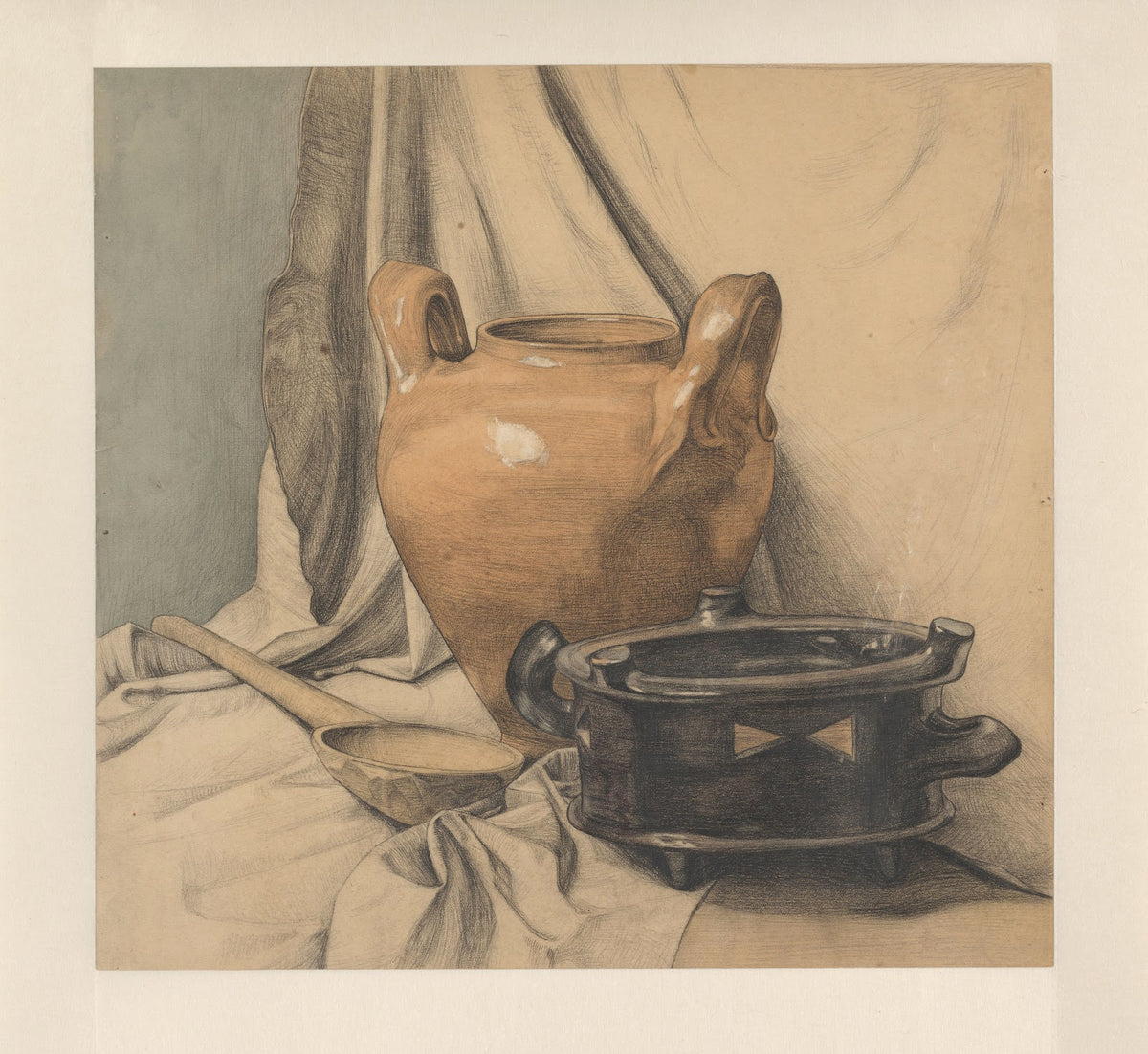 Still life with pottery and a wooden spoon 20th century
