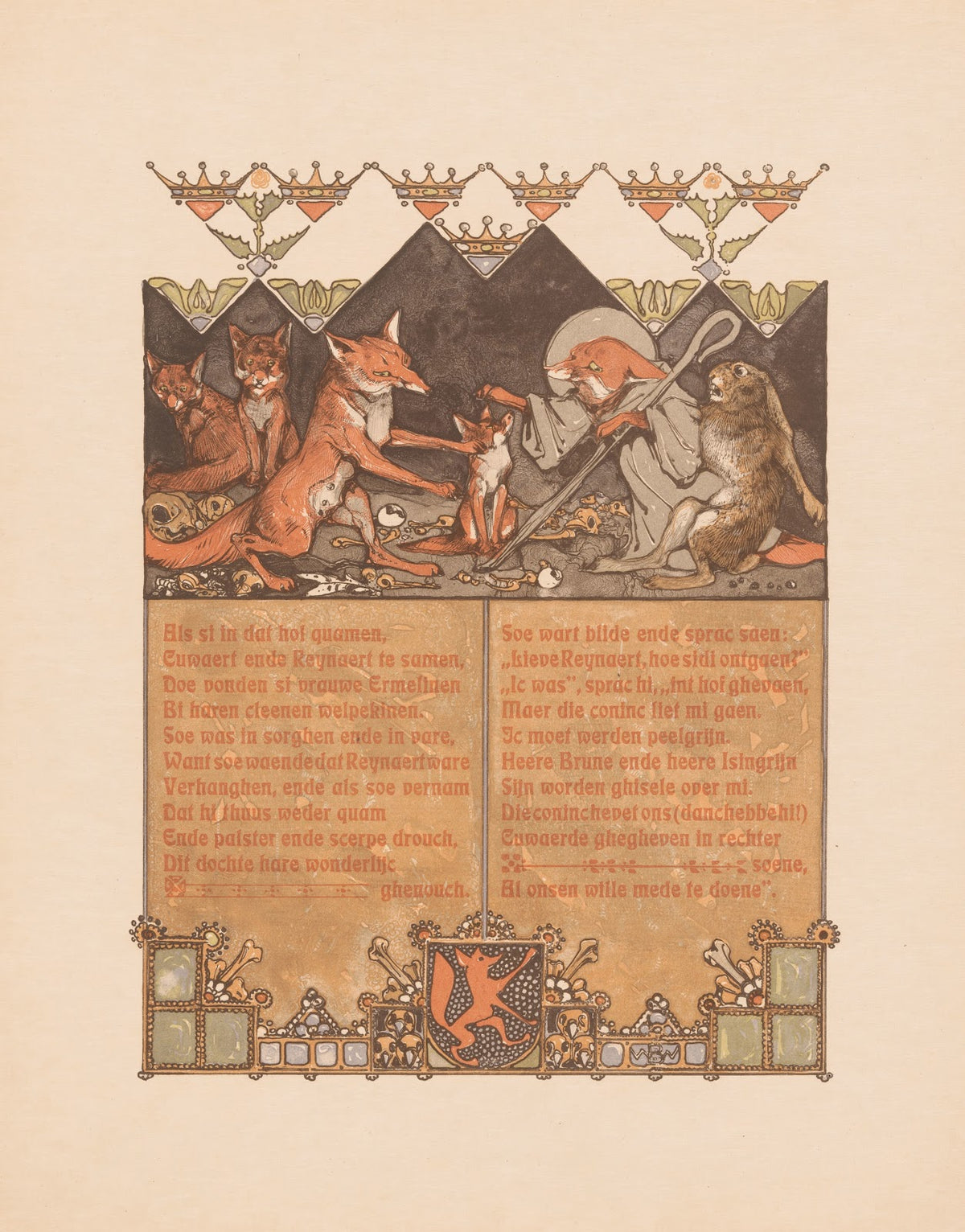 Fox in monks habit Reinaert with hare Cuwaert near fox Hermeline and cubs in fox