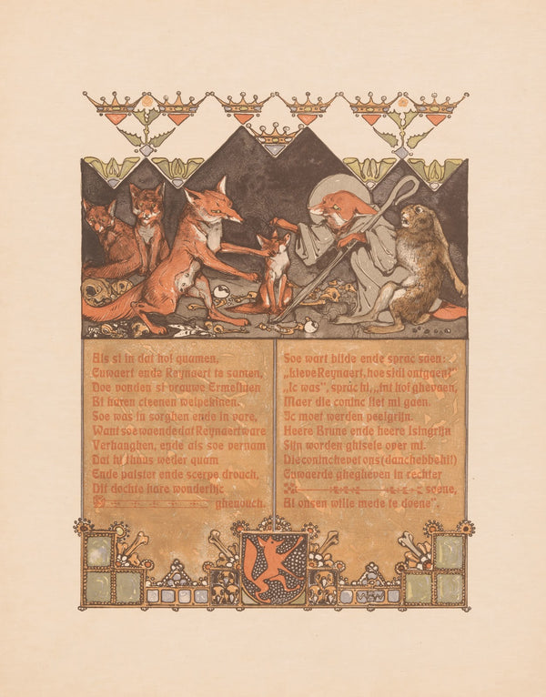 Fox in monks habit Reinaert with hare Cuwaert near fox Hermeline and cubs in fox