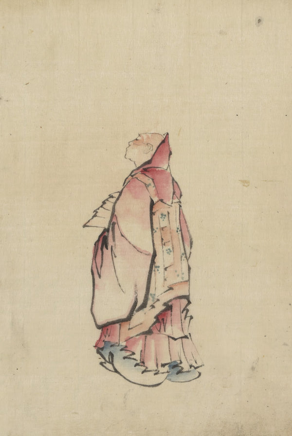 Side view of a monk full length portrait facing left wearing gown with hood 1830