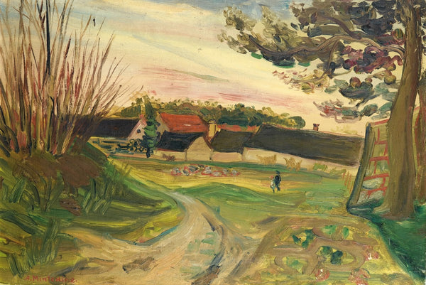 Promeneurs devantune ferme